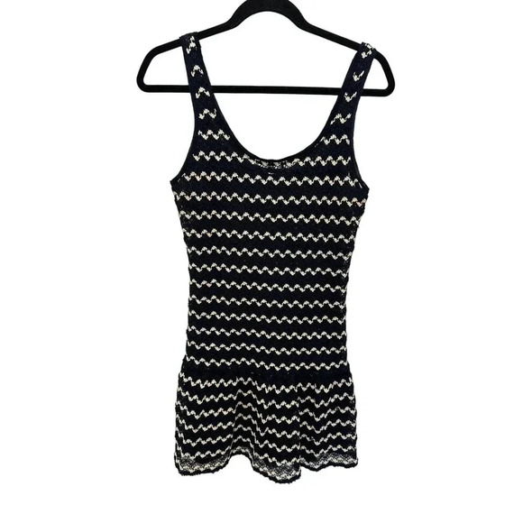 ALI RA Women's Blue & White Scoop Neck Zigzag Stripe Crochet Mini Dress Size 6 - Picture 3 of 8